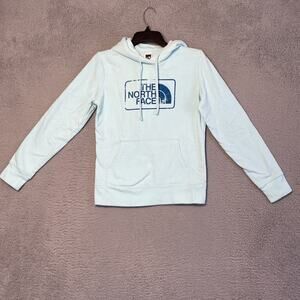 The North Face Hoodie Womens Small Light Blue Teal Spellout Sweatshirt Pullover